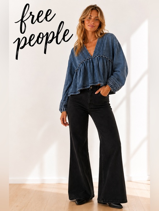 Free People Tops - Free People Blue Denim Wash Babydoll Peplum Balloon Sleeve Top L